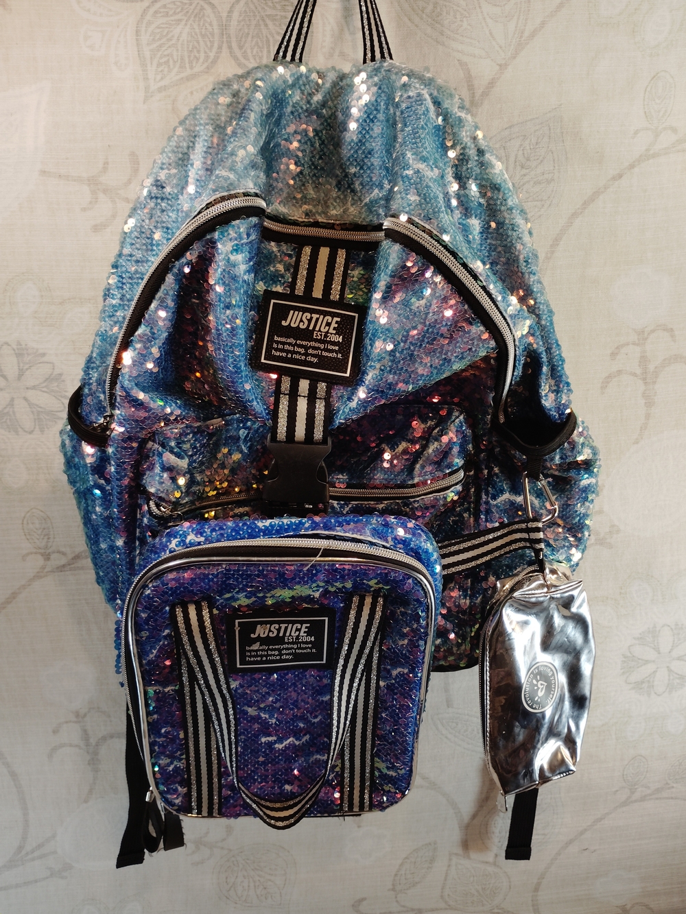 Justice Sequin Ombre Backpack in Blue and Purple with Silver Pouch
